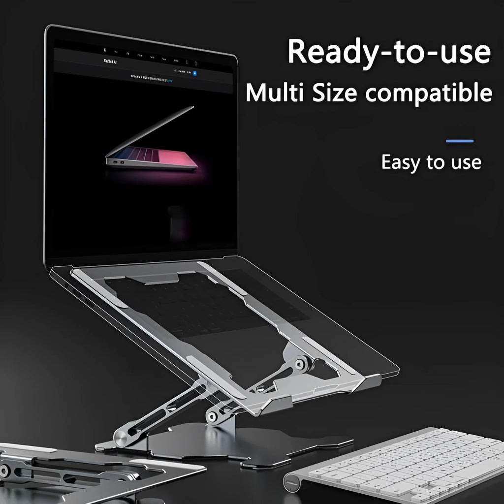 Grey aluminum laptop stand in folded position showing adjustable mechanism and silicone protection points