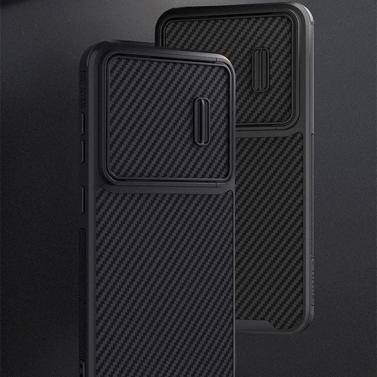 Black Samsung S23 Ultra phone case with lens push cover showing TPU, PC, and carbon fibre construction