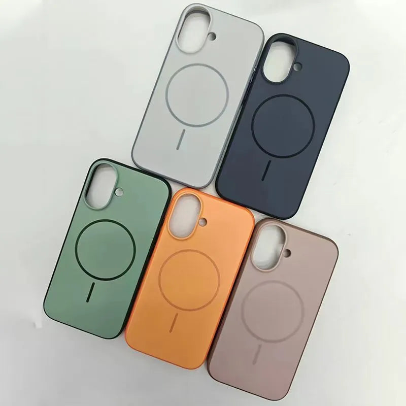 Blue frosted magnetic protective case for iPhone with a side AI camera button on a white background.