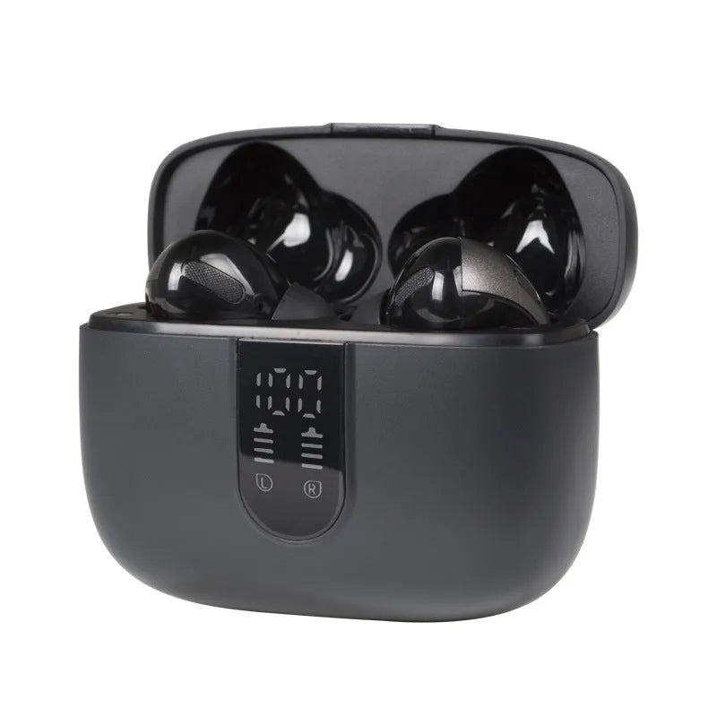 Jerry X08 wireless headphones in black with digital display charging case showing battery percentage