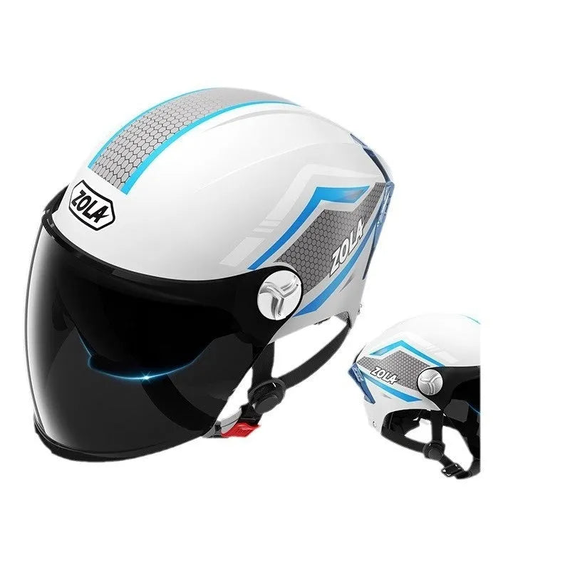 Children's 3C battery motorcycle half helmet with double mirror visor in light brown colour
