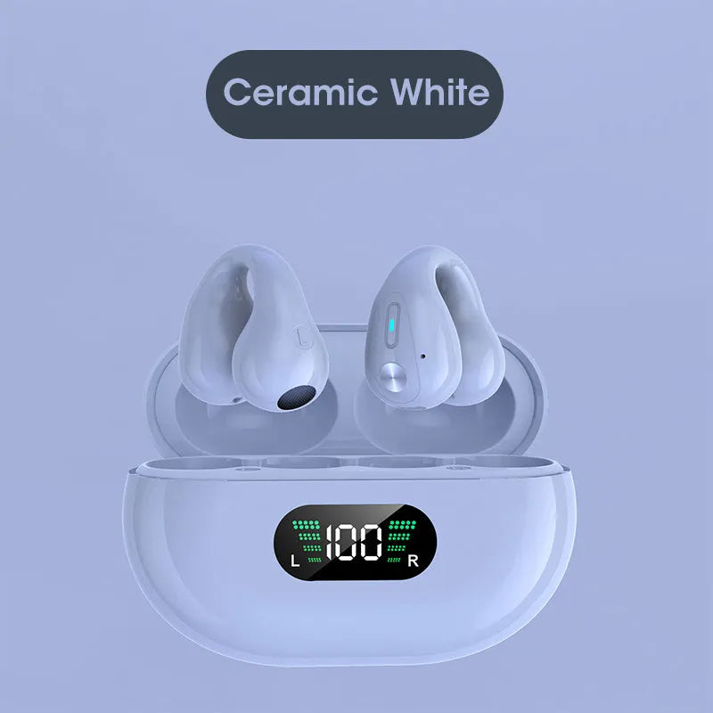 Bone conduction Bluetooth ear clip headset in black, white, or khaki colours showing ear clip design