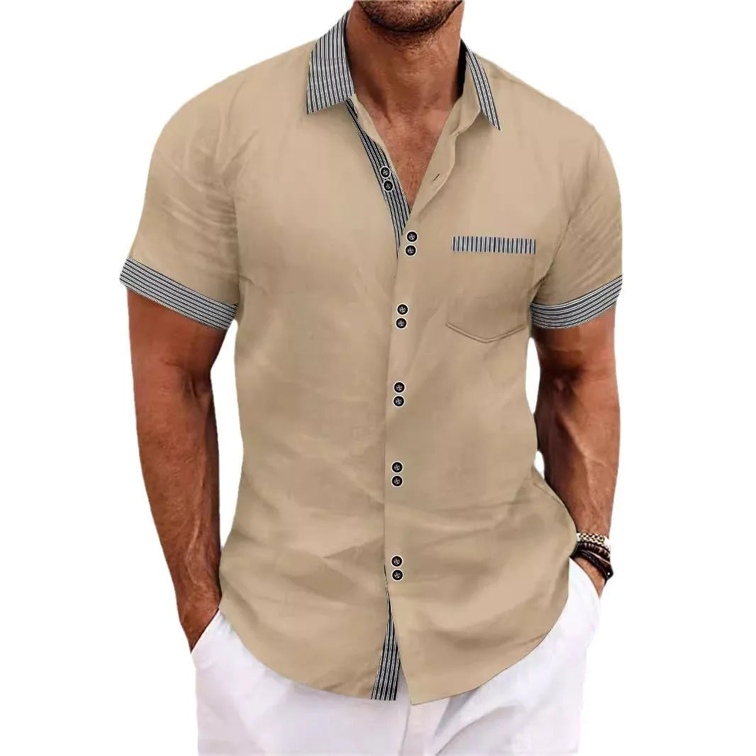 Men's striped double button short sleeve casual shirt in pure cotton fabric