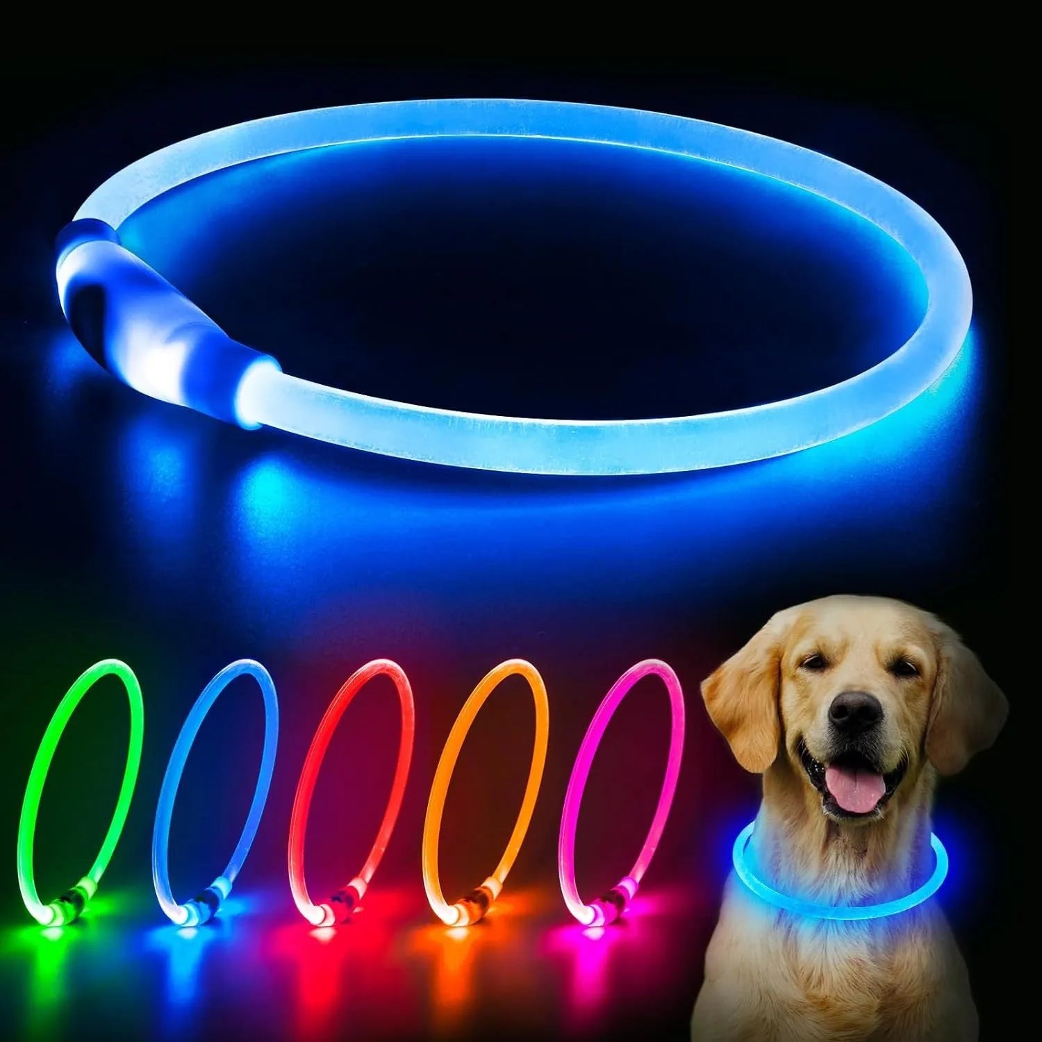 USB rechargeable LED dog safety collar showing blue illuminated band with adjustable 70cm length