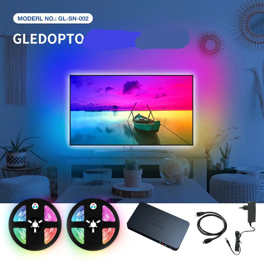 GL-SN-002K HDMI sync adapter box with 5M RGB LED strip coiled next to it