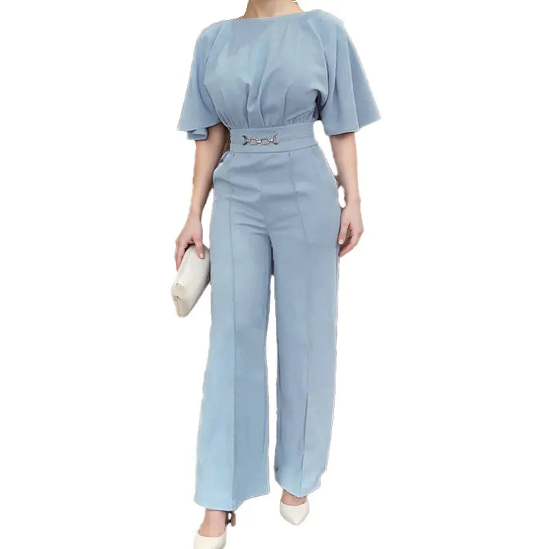 Blue polyester men's suit set with long sleeve jacket and matching trousers