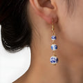 Blue and white porcelain ceramic bead retro earrings with geometric Chinese style design