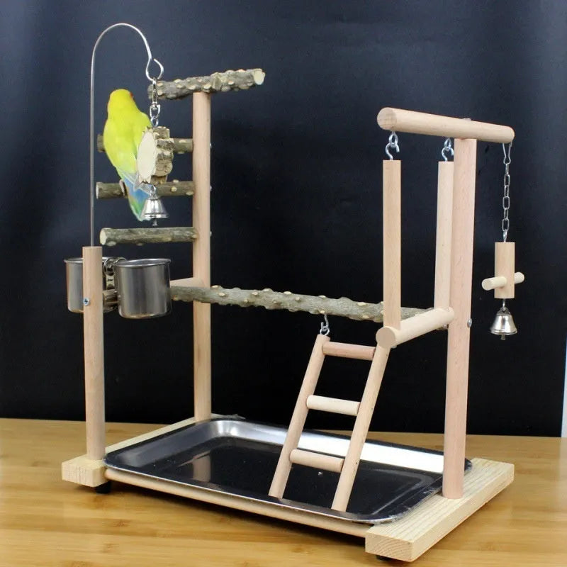 Assembled pepper wood parrot toy stand with tiger skin peony design and sub-stand pole for cage mounting.