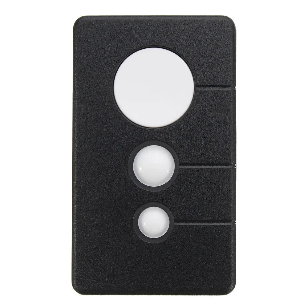 Black three-button garage door remote control showing front view with dimensions 80x47x17mm