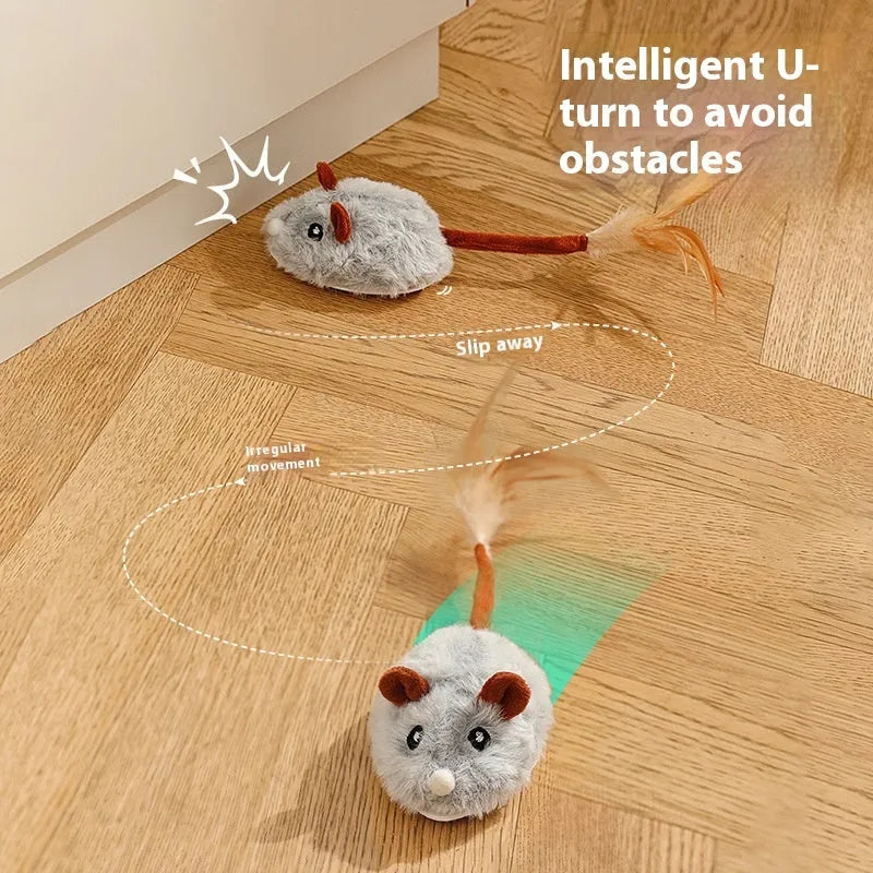 Electric moving mouse cat pole toy in pink plush with USB Type-C charging port