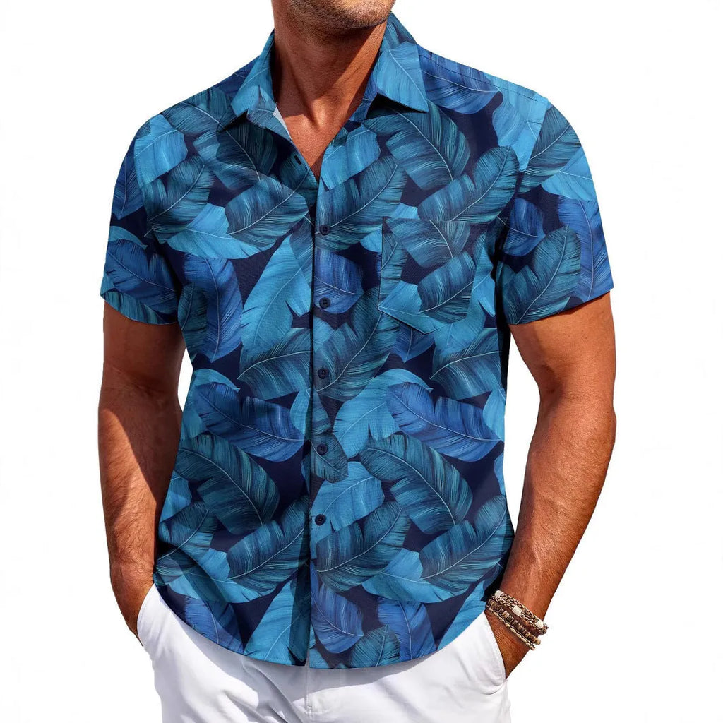Men's slim fit Hawaiian short sleeve shirt in a cardigan style, made from four-sided elastic polyester fabric.