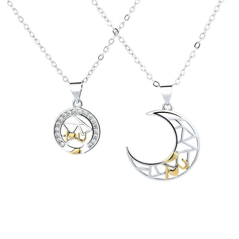Sun and moon couple necklace set with electroplated copper pendants on cross chain