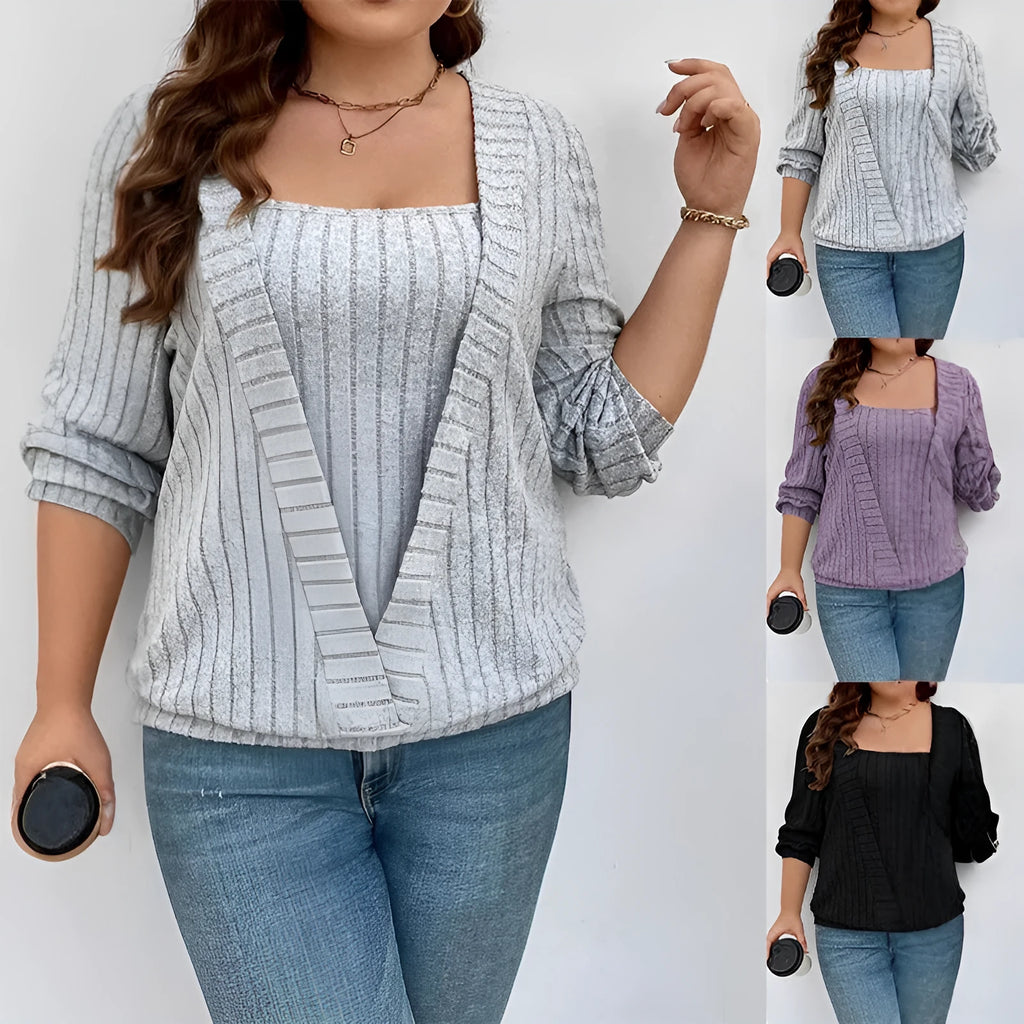 Women's solid colour false two-piece suit top with long sleeves and V-neck in rib fabric.