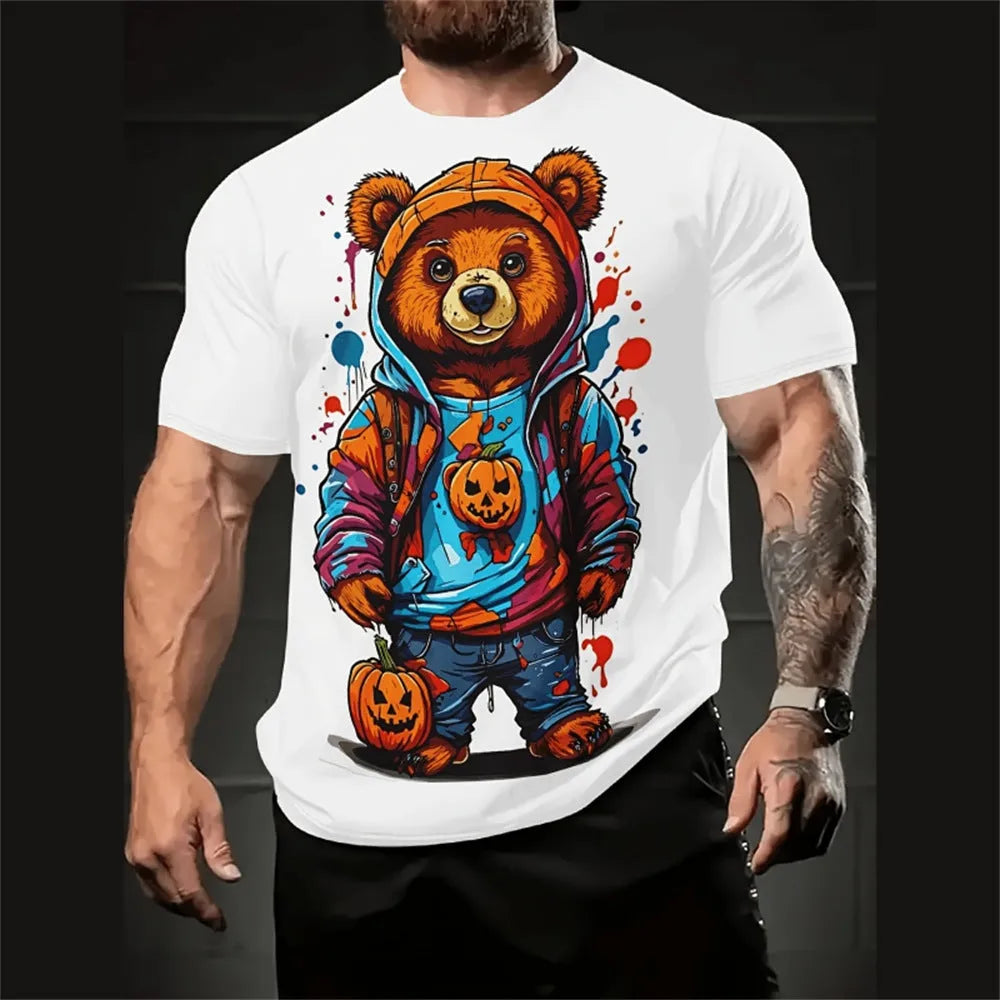 Men's loose fit short sleeve shirt with cartoon 3D print in linen blend fabric