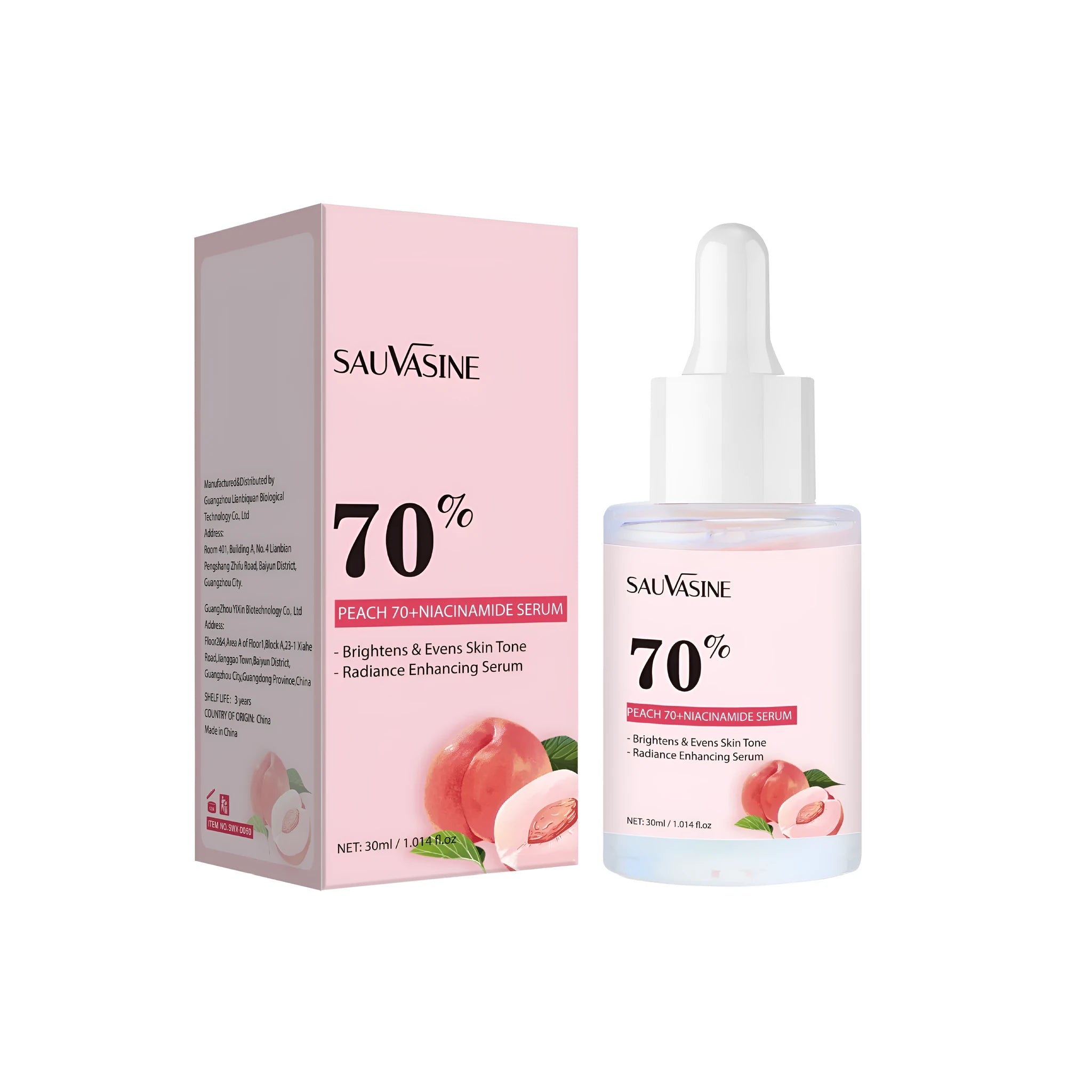 Nicotinamide care solution bottle measuring 38.5mm by 38.5mm by 95mm containing 30ml liquid