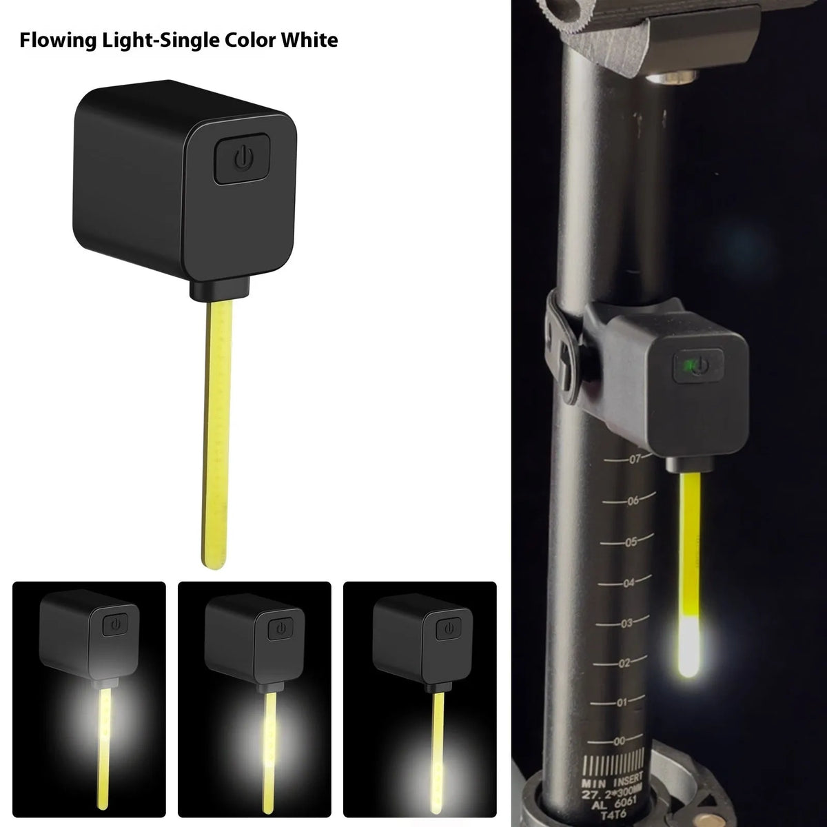 Bicycle taillight with running water LED light pattern mounted on bike seat tube for night riding safety