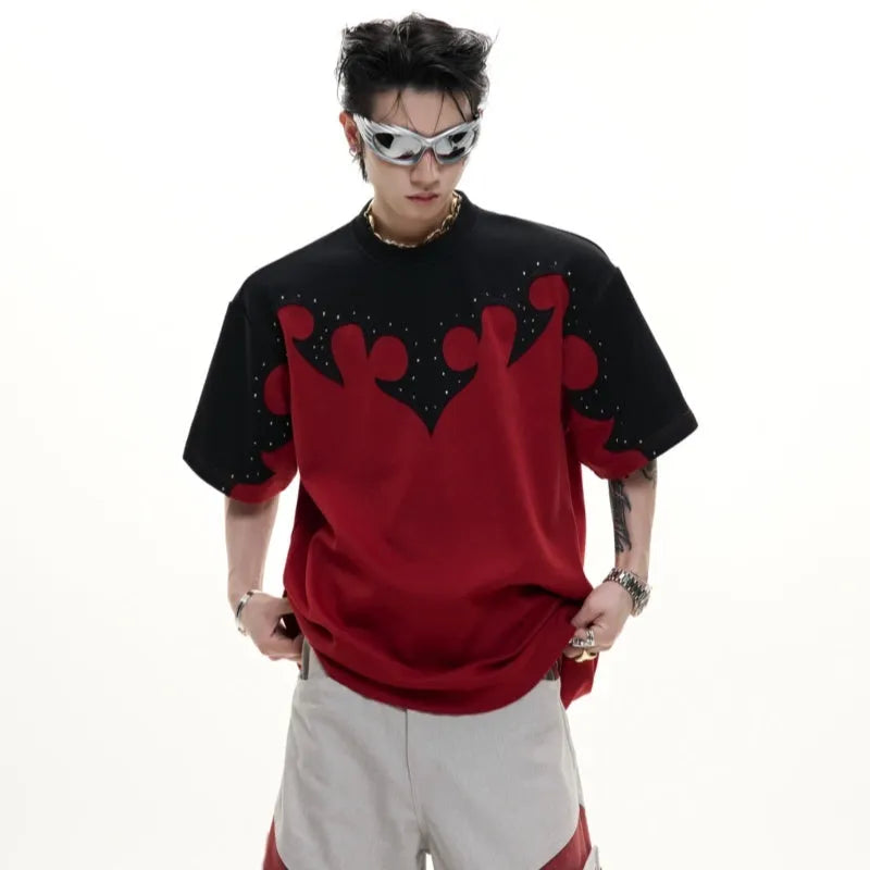 Men's grey cotton shirt with 3D burnt flower stitching and rhinestone details on the front.