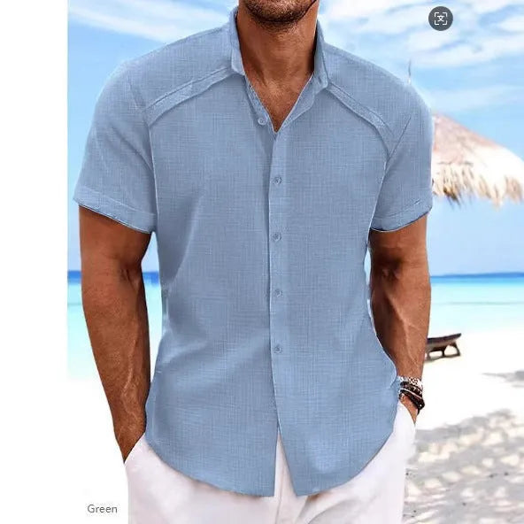 Men's solid colour short sleeve casual shirt in polyester-cotton fabric for summer