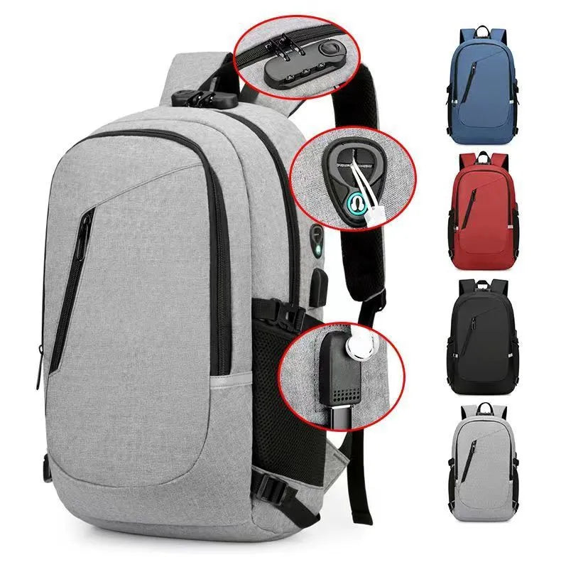 Grey Oxford cloth computer backpack for men on a table, showing front view and size.