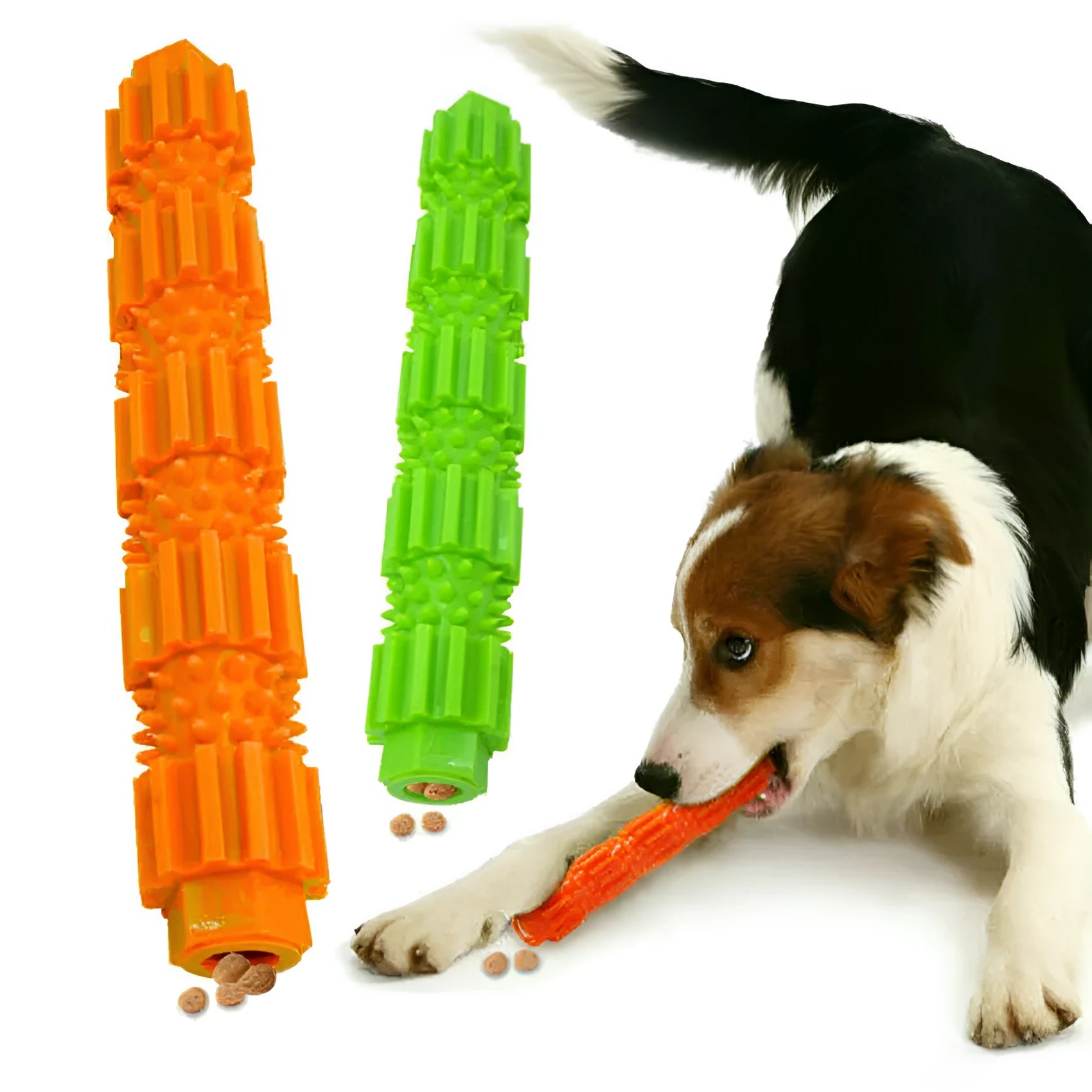 Green natural rubber dog chew toy with hollow centre for treat dispensing and teeth cleaning