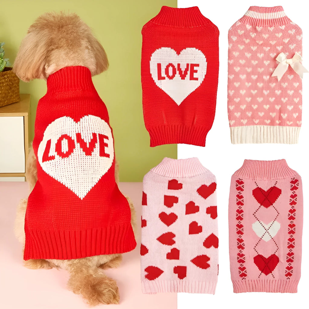 Red dog sweater with a white love heart and bow decoration on a small dog.