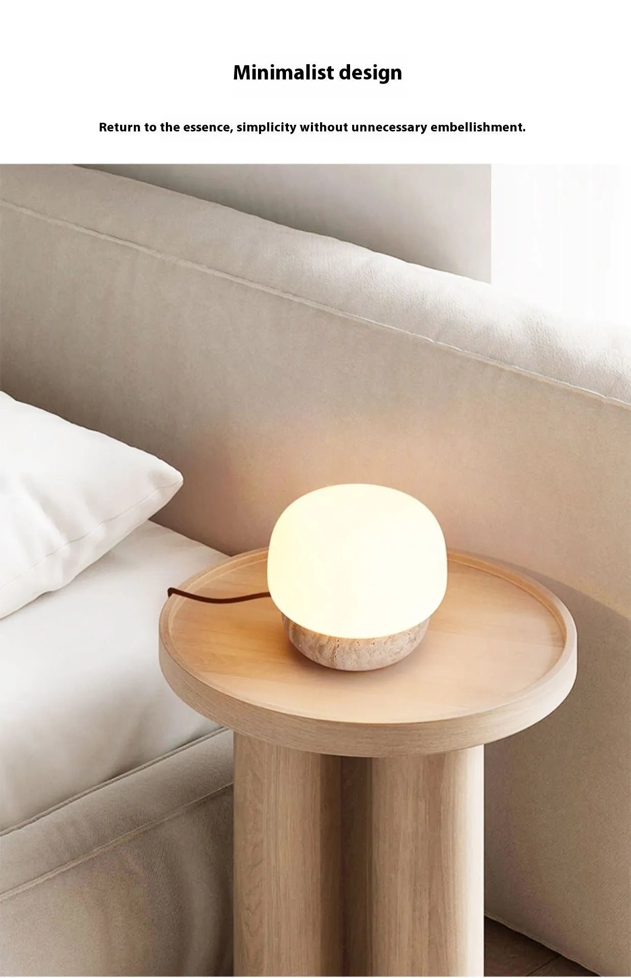 Cream coloured retro ceramic bedside lamp with a globe fabric shade and button switch.