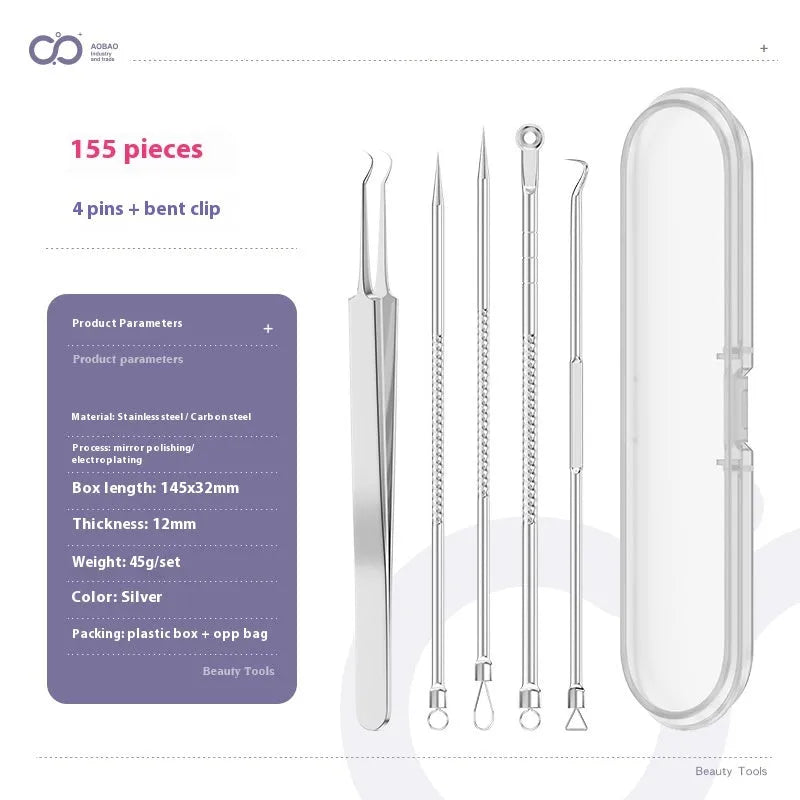 Four silver metal acne needles with ultra-fine pointed tips for blackhead extraction.