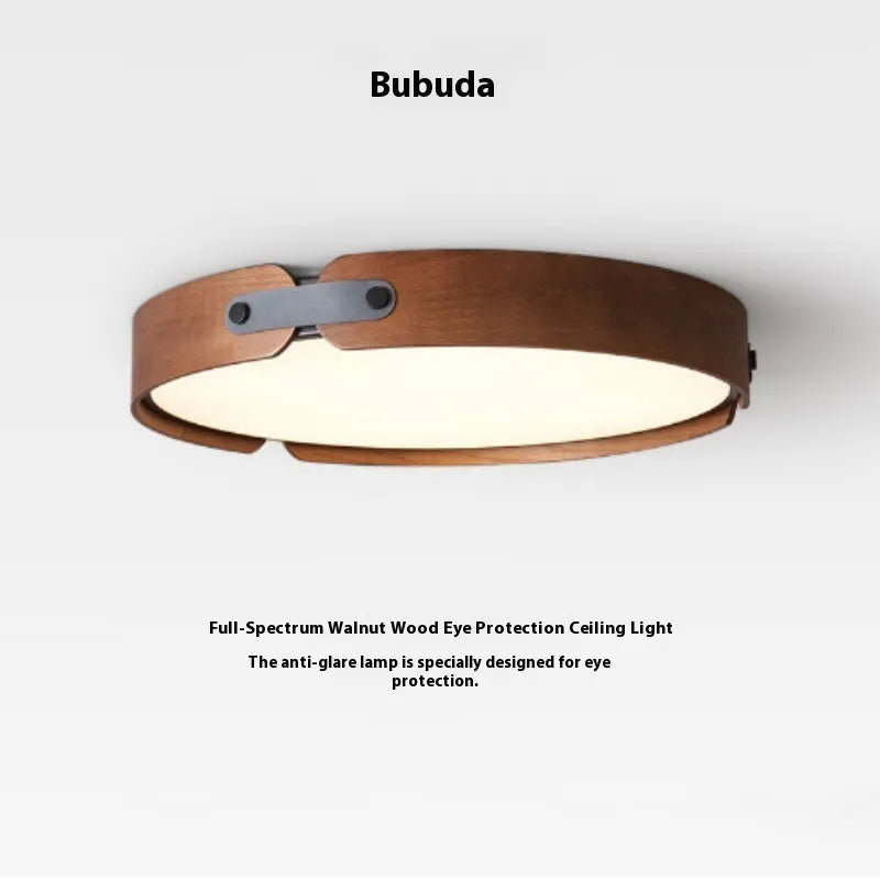 Japanese wooden ceiling lamp with natural wood shade and PMMA lampshade in bedroom setting