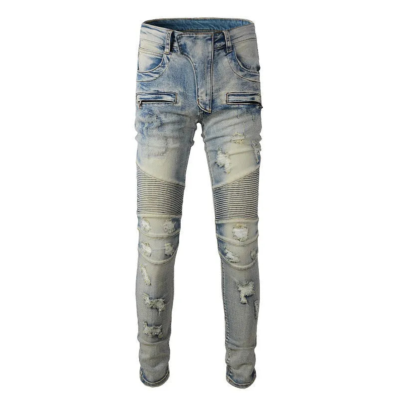 Light blue distressed men's slim-fit jeans with hand-frayed details on a mid-waist, straight-leg stretch denim.