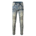 Light blue distressed men's slim-fit jeans with hand-frayed details on a mid-waist, straight-leg stretch denim.
