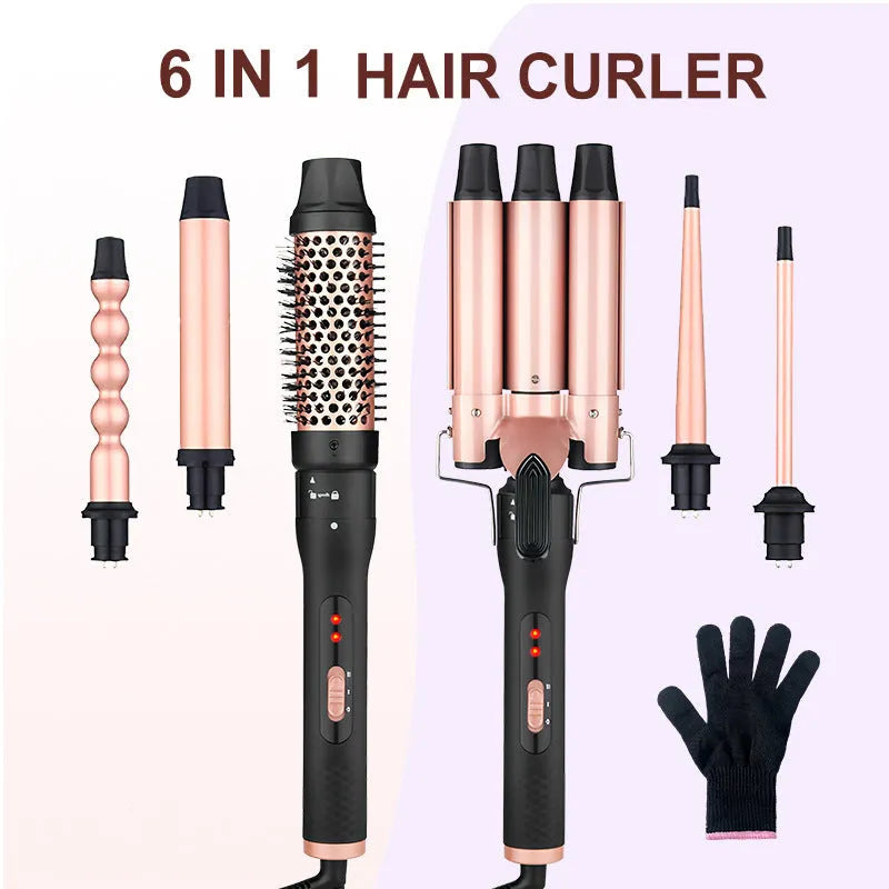 Three-tube water wave hair curler styling tool with wired power supply