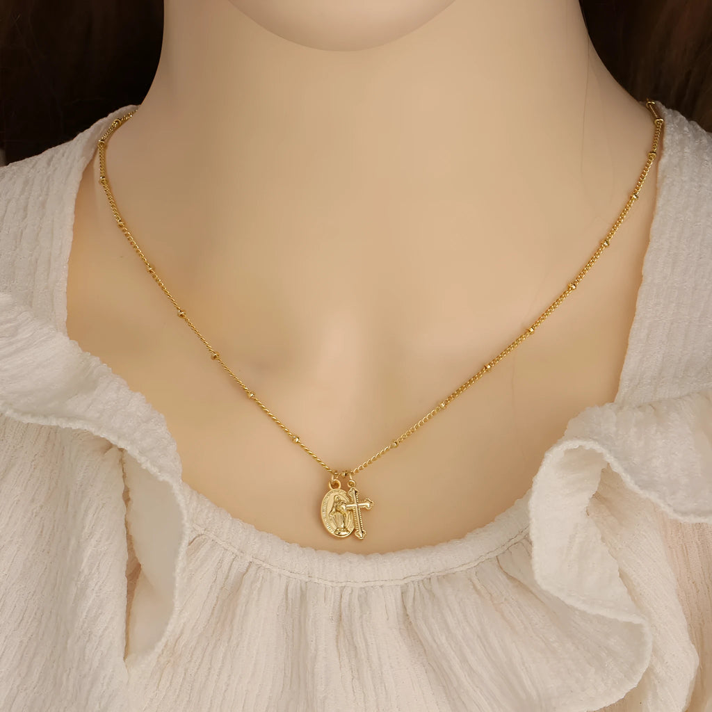 Gold geometric cross Virgin Mary necklace for women with simple chain