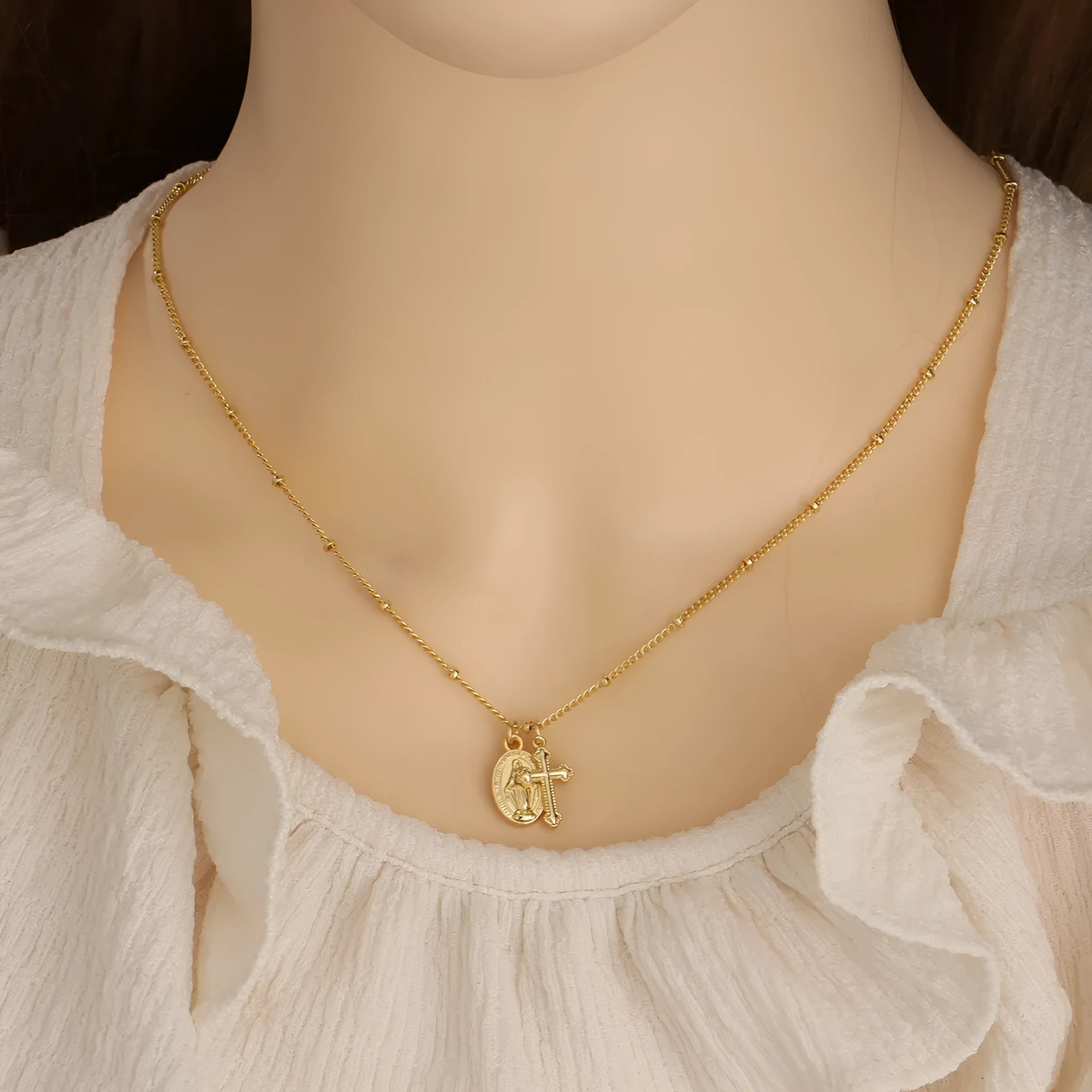 Gold geometric cross Virgin Mary necklace for women with simple chain