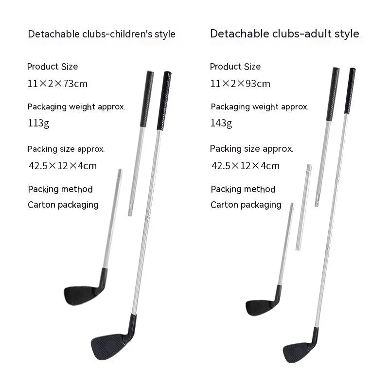 Metal golf club set showing adult and children's clubs for outdoor sports practice