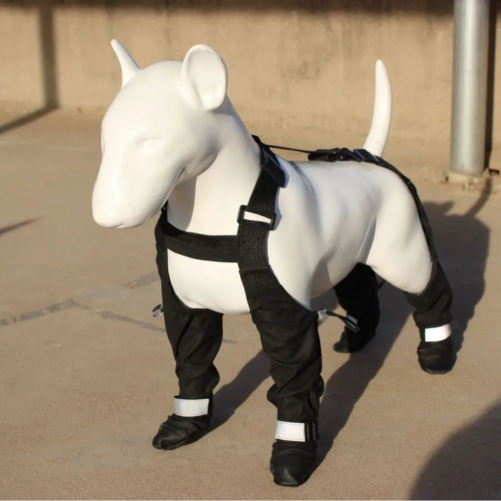 Black waterproof non-slip dog shoes in polyester material showing paw protection design