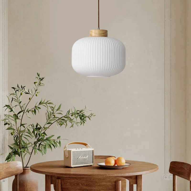Nordic style retro wooden pendant ceiling light chandelier showing three size and light colour options.