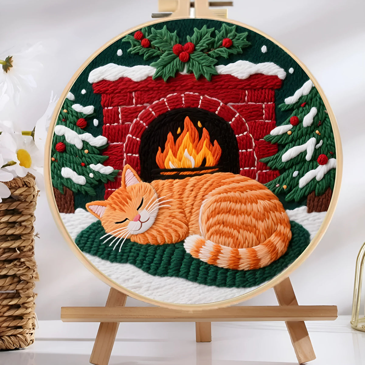 Embroidery DIY material package with autumn fruit cat designs on cotton linen fabric