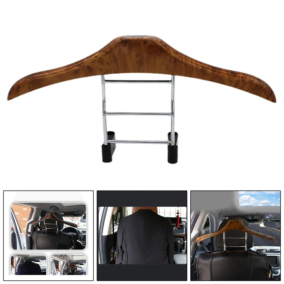 Wood yellow stainless steel car clothes hanger measuring 46.5 by 23 cm.