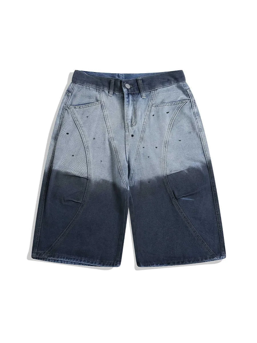 Blue tie-dye gradient washed-out cropped jeans in loose casual fit with mid waist design
