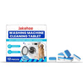 Box of 12 white washing machine cleaning tablets with limescale-fighting ingredients.