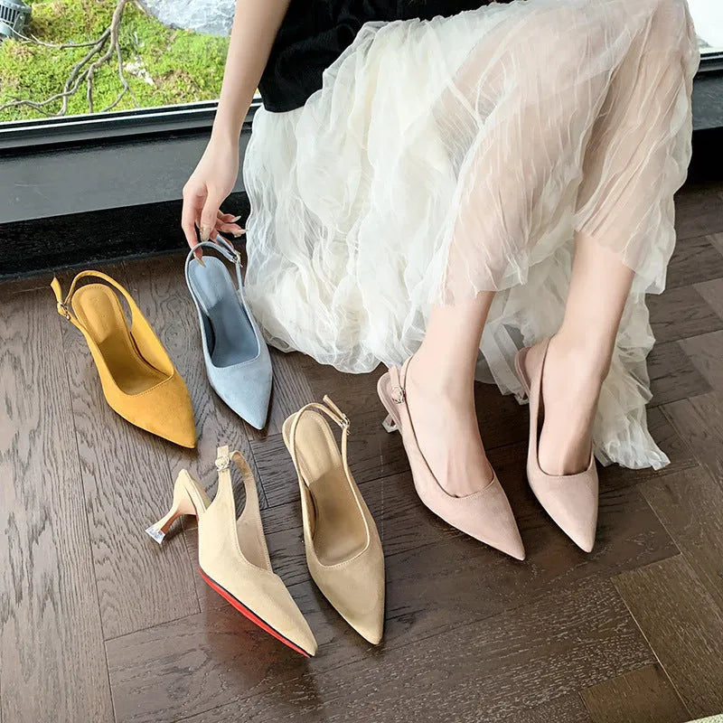 Women's suede stiletto high heels in pointed toe design showing apricot pink blue yellow colour options