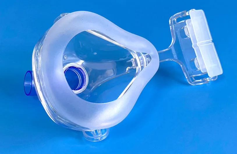 Transparent CPAP breathing mask with silicone construction and PC elbow adapters for ventilator connection