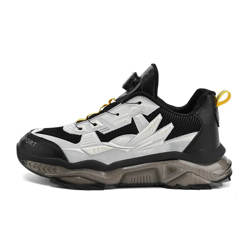 Men's black rotating button casual sneakers with mesh upper and low platform sole.