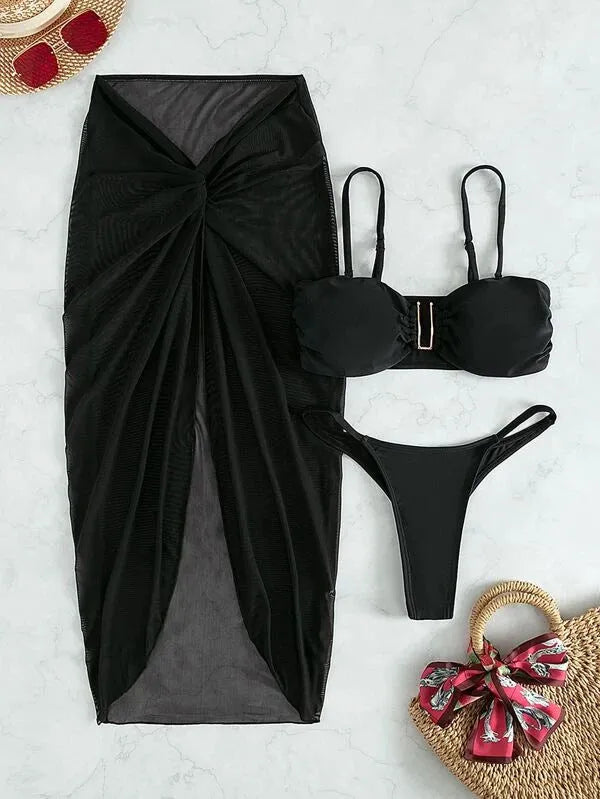 Women's multicolour three-piece bikini set with long culottes in French style design