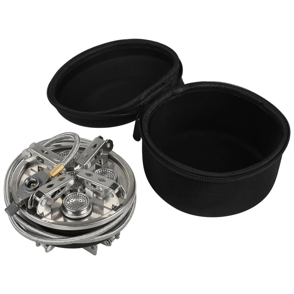 Silver portable split camping stove with stainless steel body and a long black hose, shown folded.