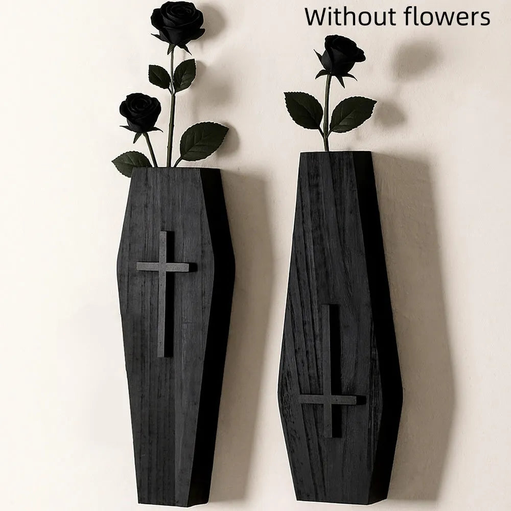Black wooden cross wall shelf decoration with display ledge measuring 27 by 9 centimetres