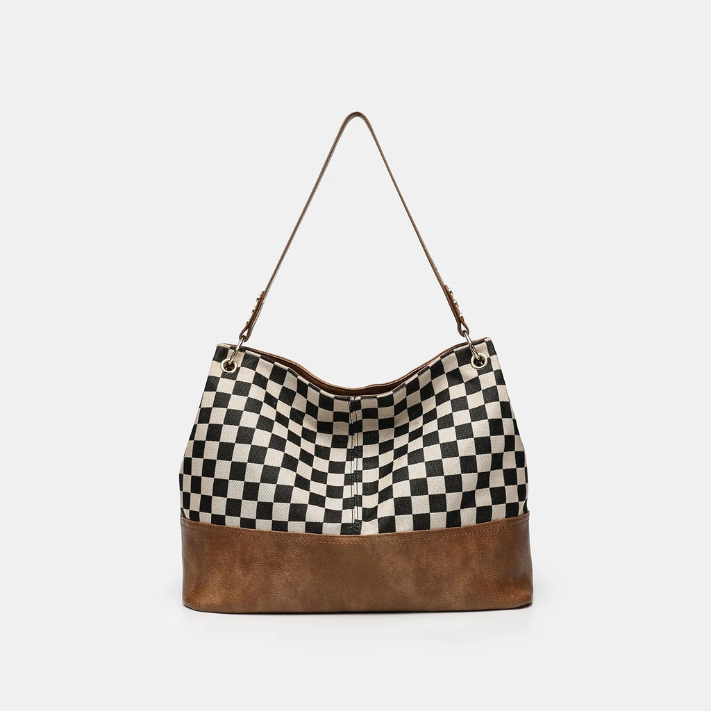 One-shoulder canvas stitching PU crossbody bag in black or light brown with open outer pocket and horizontal square shape