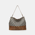 One-shoulder canvas stitching PU crossbody bag in black or light brown with open outer pocket and horizontal square shape