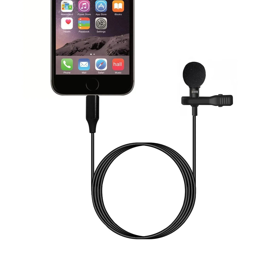 Black USB-C lavalier microphone with digital DAC chip, metal clip, sponge cover, and storage bags.