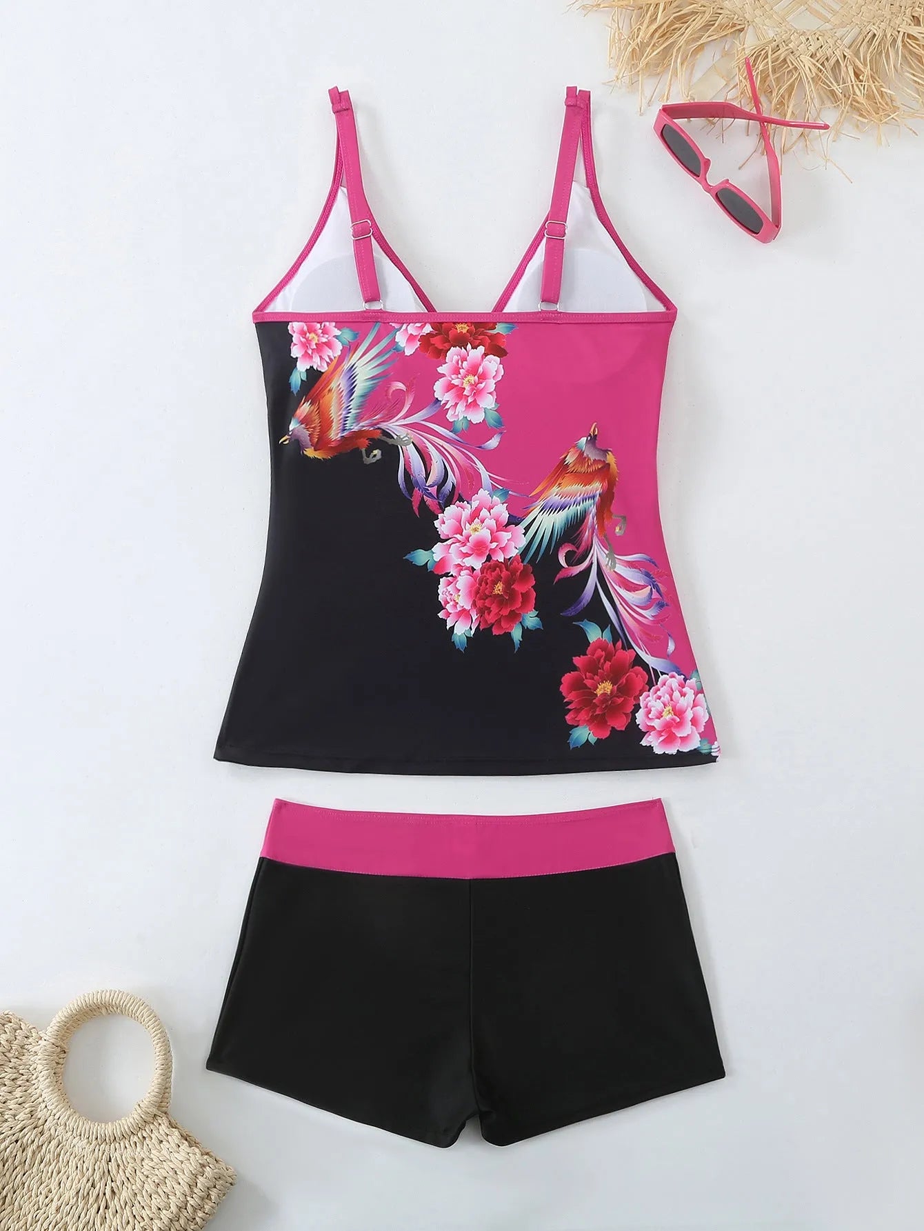 Women's plus size two-piece swimsuit set in black or rose red, sizes S to 5XL.